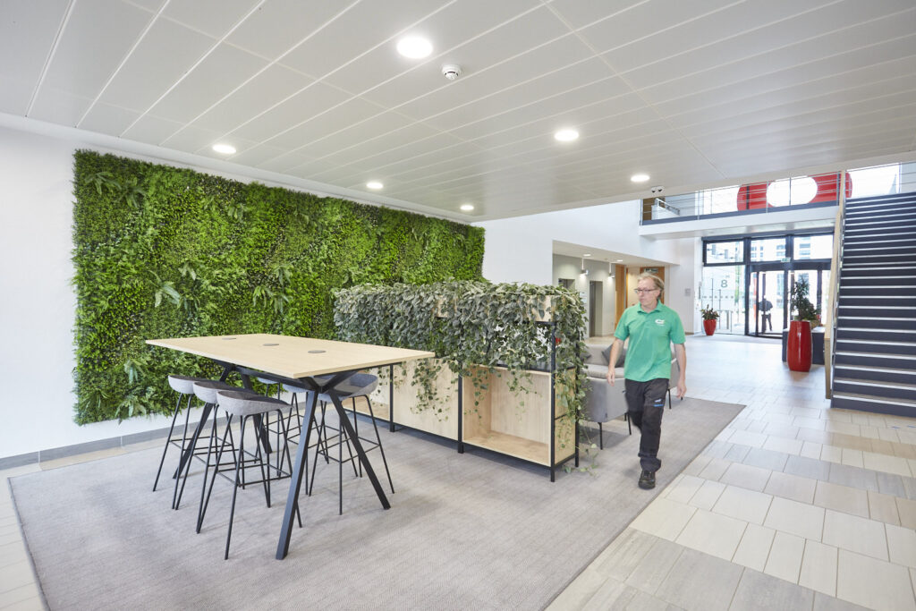 Technician walking through an office with indoor plants thriving in winter